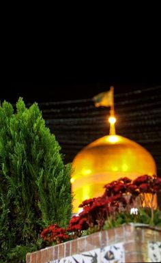 a clock on the side of a brick wall next to trees and flowers in front of a yellow dome