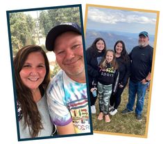 the family is posing for a photo on top of a mountain with mountains in the background