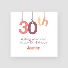 a 30th birthday card with the number 30 hanging from strings