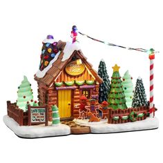 Resin lighted building for a Lemax display. Designed to look like a tree farm where you can choose your favorite tree. Everything appears to be made of candy, gingerbread and frosting. Farm Light, Christmas Village Collections, Lemax Village, Lemax Christmas Village, Lemax Christmas, Holiday Village, Farm Shop, Light Building, Christmas Villages