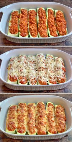 four images show how to make stuffed zucchini boats with cheese and tomato sauce