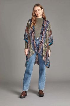 Bohemian Multi Burnout Velvet Kimono - SAACHI - Dodger Blue / One Size — Fits All - Kimonos Casual V-neck Kimono With Boho Print, Casual V-neck Rayon Kimono, Fall Boho Print One-size Kimono, Oversized Bohemian Outerwear With Floral Print, Oversized Bohemian Floral Print Outerwear, Fall Hippie Floral Print Kimono, Fall Floral Print Hippie Kimono, Bohemian Patterned Spring Outerwear, Bohemian Spring Patterned Outerwear