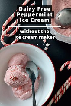 two scoops of ice cream in a bowl with candy canes on the side