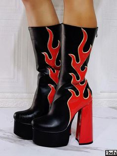 Fisdy - Botas geométricas de media caña para mujer en piel de PU con diseño de punta redonda y estampado de llamas rojas Womens Thigh High Boots, Flame Pattern, Alternative Shoes, Pu Boots, Black Chunky Heels, Chunky Heel Ankle Boots, Womens Mid Calf Boots, Calf Boots, Womens Ankle Boots