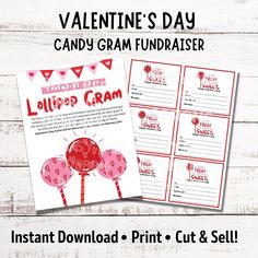 valentine's day candygramm fundraiser flyer is displayed on a white wooden background