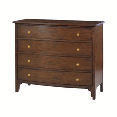 a wooden dresser with four drawers and gold knobs on the bottom drawer, against a white background