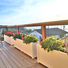 an outdoor deck with potted plants on it