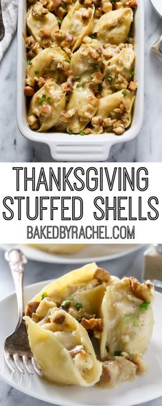 thanksgiving stuffed shells in a casserole dish on a white plate with a fork