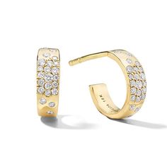 An eye-catching take on the hoop, these earrings are crafted in 18K gold that delicately hugs your lobe. The front surface sparkles with diamonds of various sizes (.17ctw) that are embedded by hand in the curved profile, creating a lovely abstract pattern, adding light to both day and evening outfits.*Gemstones: Diamond*Diamond Carat Weight: 0.17cttw Hoop Earrings With Diamonds, Hinged Ring, Mini Hoop Earrings, Unique Diamonds, Evening Outfits, Diamond Carat, Diamond Hoop Earrings, Huggie Hoop Earrings, Gold Collection