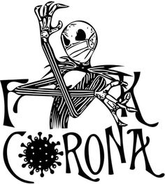 a black and white drawing of a skeleton holding a knife with the word corona on it