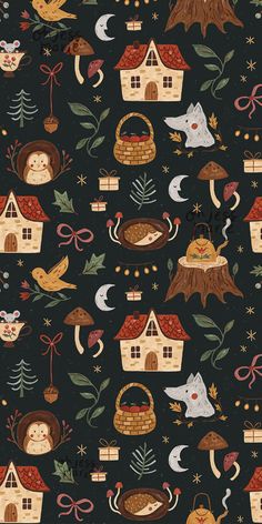 a black background with houses and animals on it