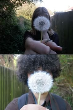 two pictures one with a dandelion and the other with a person holding it in their hand