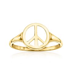 Ross-Simons - 14kt Yellow Gold Peace Sign Ring Size 9. Spread peace with this meaningful ring. Stylish and symbolic, the classic peace sign shines in polished 14kt yellow gold. 3/8" wide. 14kt yellow gold peace sign ring. Peace Sign Ring, Meaningful Rings, Peace Ring, Jewelry Presentation, Size 10 Rings, Peace Sign, Yellow Gold Rings, Gold Rings, Jewelry Watches