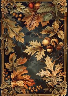 a painting of leaves, acorns and acorns on a black background