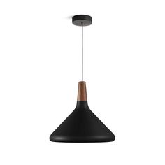 a black and brown light hanging from a ceiling fixture with a wooden handle on the end