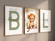 three baby nursery prints with the letter b and lion