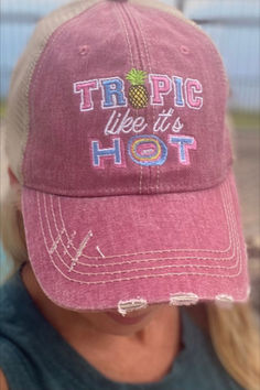 Mauve tropic like its hot embroidered ball cap trucker hat Trendy Distressed Trucker Hat With Curved Bill, Distressed Trucker Hat With Curved Brim For Summer, Distressed Curved Brim Trucker Hat For Summer, Distressed Curved Bill Summer Hats, Summer Distressed Snapback Trucker Hat, Distressed Summer Trucker Hat, Distressed Trucker Hat For Summer, Distressed Trucker Hat With Curved Bill For Baseball Season, Distressed Curved Bill Trucker Hat For Baseball Season