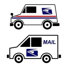 two mail vans with the letters mail and an envelope on them are shown in black and white