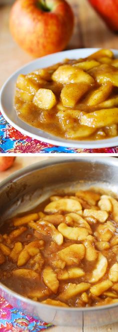 there are two pictures of apples and bananas in the same pan