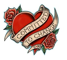 a heart with roses and ribbon on it that says, commit no chance to change