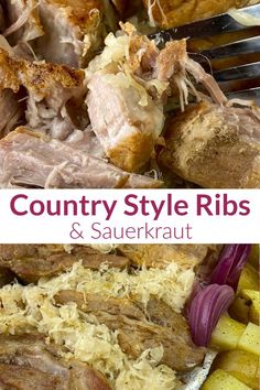 Collage of tender country style ribs and sauerkraut with text Country Pork Ribs And Sauerkraut, Crockpot Saurkraut And Pork Ribs, Country Ribs And Sauerkraut Oven, Country Style Pork Ribs And Sour Kraut, Spareribs And Sauerkraut In Crockpot, Ribs And Sauerkraut Instant Pot, Country Style Ribs And Sauerkraut Recipe, Country Ribs With Sauerkraut Crock Pot, Crockpot Country Style Pork Ribs With Sauerkraut