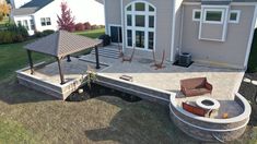 an outdoor patio with fire pit and seating area