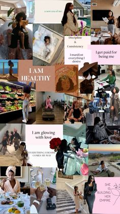 a collage of pictures with people and food in the middle one has an i am healthy message on it