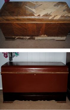 an old trunk is turned into a coffee table with wood grain inlays on the top and bottom