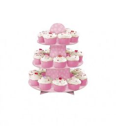 three tiered cake stand with cupcakes on it