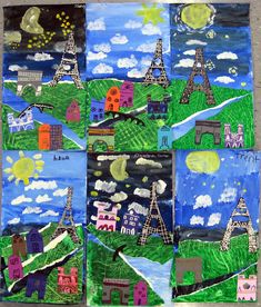 the collage is made up of many different buildings and trees, with blue sky in the background