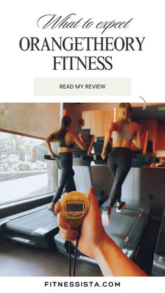 a woman is on a treadmill with the words what to expect orangetheory fitness read