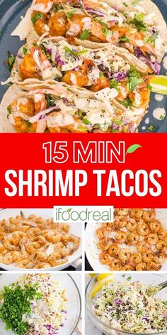 shrimp tacos with text overlay that reads, 15 min shrimp tacos