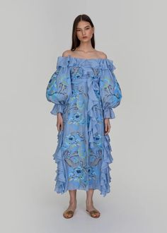 Luxurious Blue Pixel Flowers Women's Midi Dress Yuliya Magdych Batiste Dress, Fashion Designer Clothes, Designer Clothes For Women, Made In Ukraine, Golden Rose, Fashion Design Clothes, Womens Midi Dresses, Instagram Shop, Natural Fabrics