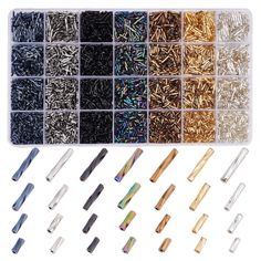 the assortment of screws and nails in a plastic container are shown with different colors