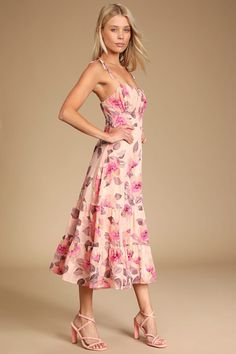 Pink Floral Print Dress - Tie-Strap Midi Dress - Tiered Dress - Lulus Wedding Guest Midi Dresses, Garden Wedding Dress Guest, Light Colored Dresses, Floral Dress Wedding Guest, Pastel Floral Dress, Pink Floral Print Dress, Tiered Midi Skirt, Garden Party Dress, Garden Dress