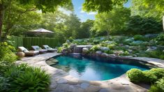 an outdoor swimming pool surrounded by greenery