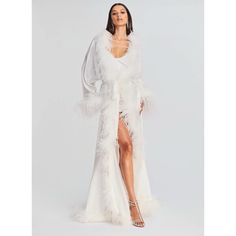 Brand New Fast Shipping Australia Clothes, Belted Robe, Bridal Robe, Feather Trim, White Feather, Top Floor, Silk Robe, White Feathers, Bridal Robes