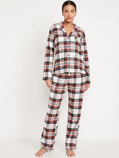 Flannel Pajama Set for Women | Old Navy Christmas Flannel Pajamas, White Tartan Christmas Pajamas, Flannel Pajamas Women, Mountain Outfits, Slytherin Costume, Pajama Set White, Comfy Sleepwear, Flannel Pjs, Bunny Watercolor