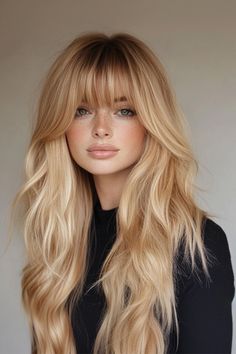 Blonde Face Frame Bangs, Dynamic Blonde Hair, Blond Wavy Hair With Bangs, Sabrina Carpenter Blonde Hair, Bright Blonde Layered Hair, Long Blonde With Bangs, Bangs With Long Hair Blonde, Long Blonde Hair With Bangs Round Face, Bangstyle Hair Long Blonde