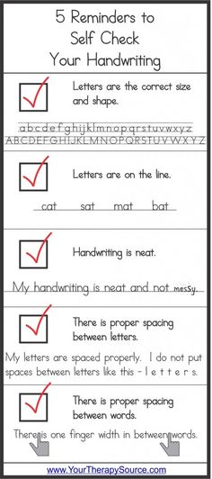 five reminders to self check your handwriting and the words below it are in red