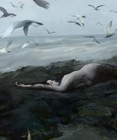 a painting of a woman floating in the ocean surrounded by seagulls and birds