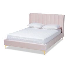 Baxton Studio Saverio Glam and Luxe Light Pink Velvet Fabric Upholstered Queen Size Platform Bed with Gold-Tone Legs FredCo Pink Headboard, Classic Channel, Studio Bed, Blue Velvet Fabric, Foam Bed, Queen Size Platform Bed, Queen Platform Bed, Bed Lights, Baxton Studio