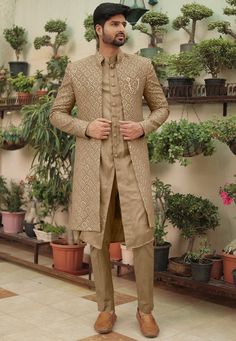 a man standing in front of potted plants wearing a tan colored sherwa