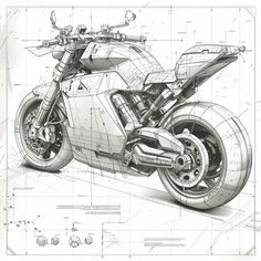 a drawing of a motorcycle on top of a sheet of blueprint with some lines