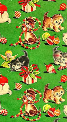 a green background with kittens and christmas decorations