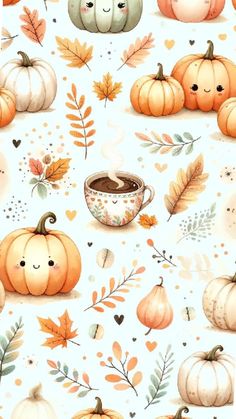 a pattern with pumpkins and leaves on it