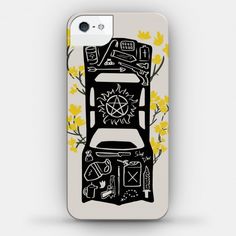 a phone case with an image of a truck and flowers on the front, in black and white