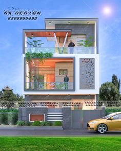 a car is parked in front of a modern house with plants on the balconies