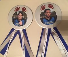 two silver and blue ribbons with football pictures on them