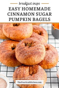 homemade cinnamon sugar pumpkin bagels on a cooling rack with the title text overlay